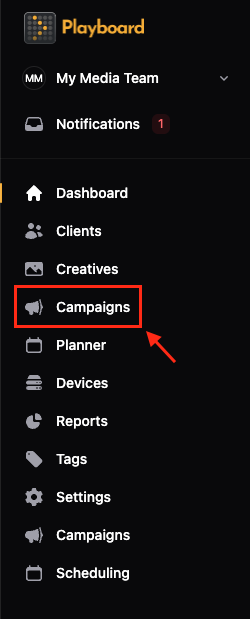 Left menu with Campaigns highlighted.
