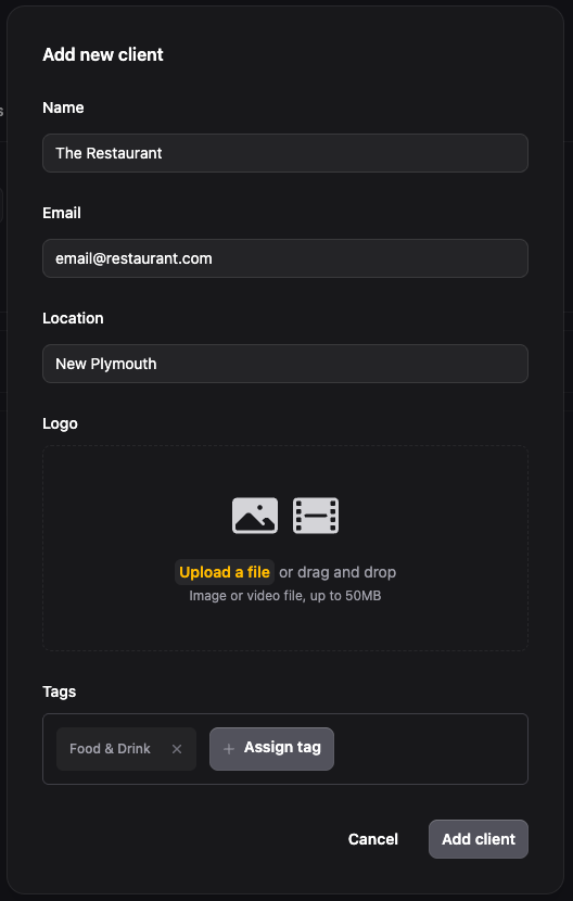 Add new client modal fields.