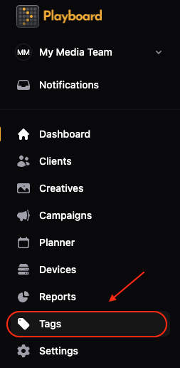 Left menu with Tags highlighted.
